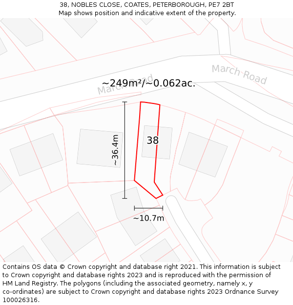 38, NOBLES CLOSE, COATES, PETERBOROUGH, PE7 2BT: Plot and title map
