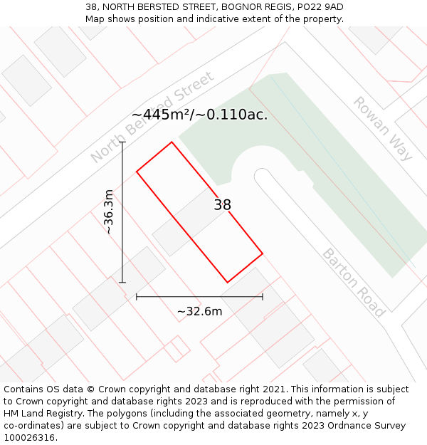 38, NORTH BERSTED STREET, BOGNOR REGIS, PO22 9AD: Plot and title map