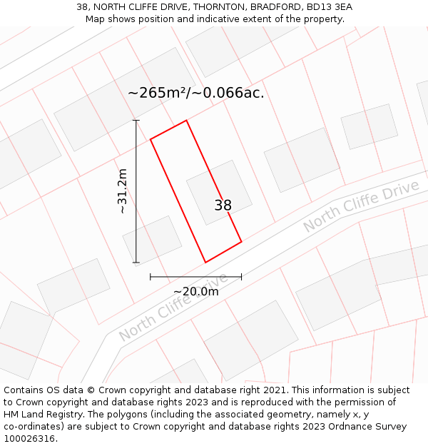 38, NORTH CLIFFE DRIVE, THORNTON, BRADFORD, BD13 3EA: Plot and title map