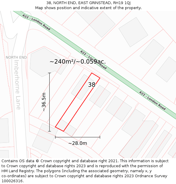 38, NORTH END, EAST GRINSTEAD, RH19 1QJ: Plot and title map