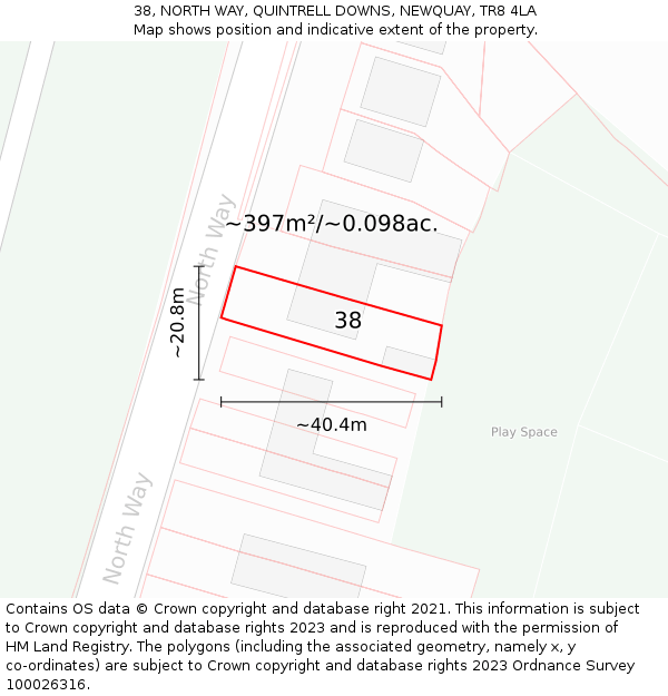38, NORTH WAY, QUINTRELL DOWNS, NEWQUAY, TR8 4LA: Plot and title map