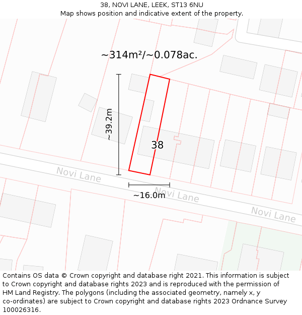 38, NOVI LANE, LEEK, ST13 6NU: Plot and title map