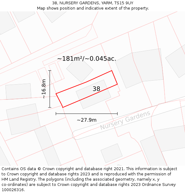 38, NURSERY GARDENS, YARM, TS15 9UY: Plot and title map