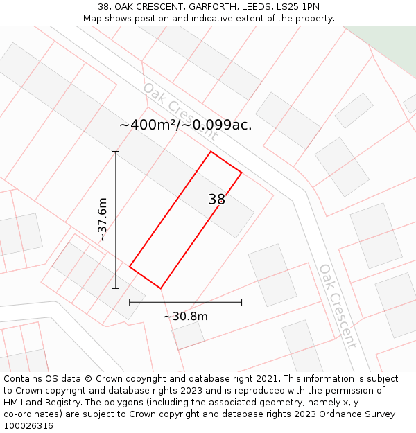 38, OAK CRESCENT, GARFORTH, LEEDS, LS25 1PN: Plot and title map