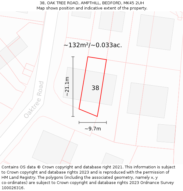 38, OAK TREE ROAD, AMPTHILL, BEDFORD, MK45 2UH: Plot and title map