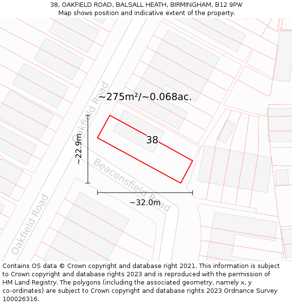 38, OAKFIELD ROAD, BALSALL HEATH, BIRMINGHAM, B12 9PW: Plot and title map