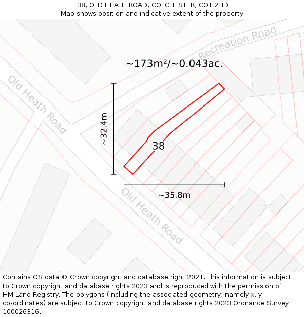 38, OLD HEATH ROAD, COLCHESTER, CO1 2HD: Plot and title map