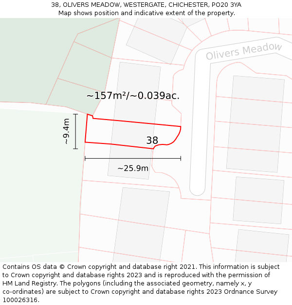 38, OLIVERS MEADOW, WESTERGATE, CHICHESTER, PO20 3YA: Plot and title map