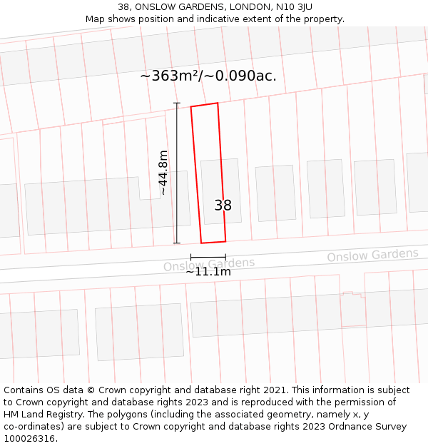38, ONSLOW GARDENS, LONDON, N10 3JU: Plot and title map