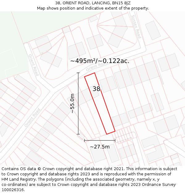 38, ORIENT ROAD, LANCING, BN15 8JZ: Plot and title map