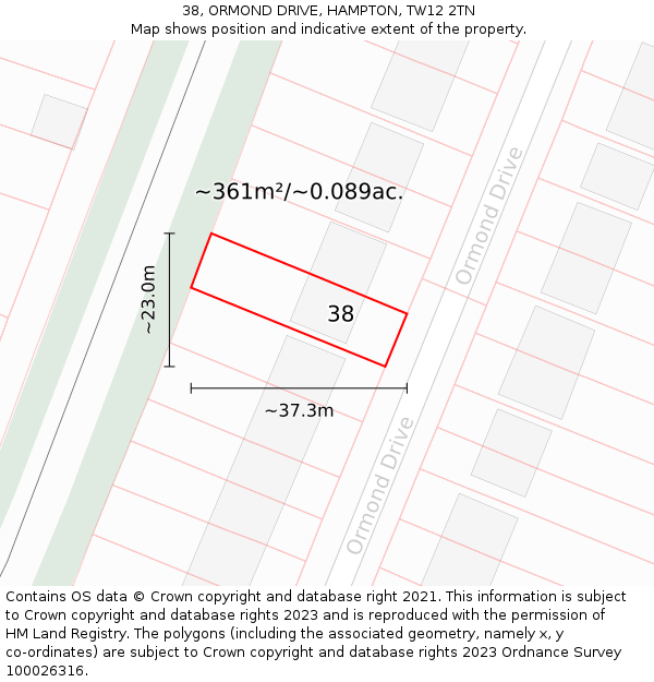 38, ORMOND DRIVE, HAMPTON, TW12 2TN: Plot and title map