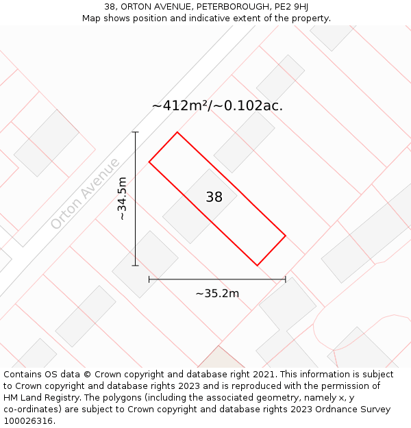 38, ORTON AVENUE, PETERBOROUGH, PE2 9HJ: Plot and title map