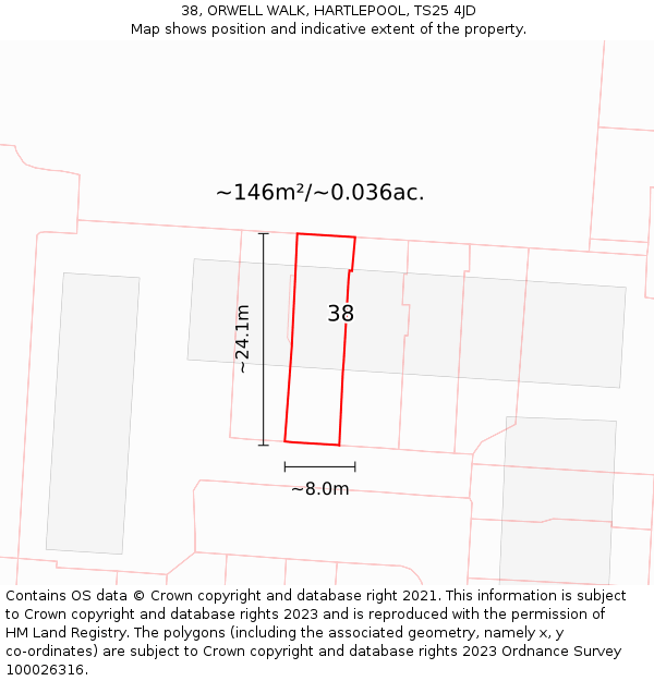 38, ORWELL WALK, HARTLEPOOL, TS25 4JD: Plot and title map