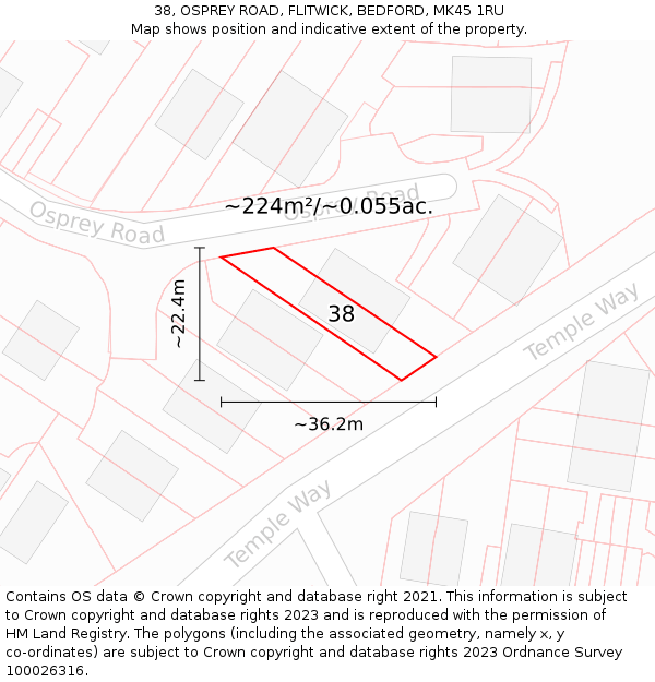 38, OSPREY ROAD, FLITWICK, BEDFORD, MK45 1RU: Plot and title map