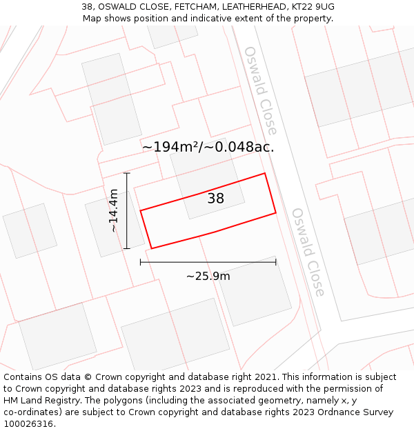38, OSWALD CLOSE, FETCHAM, LEATHERHEAD, KT22 9UG: Plot and title map