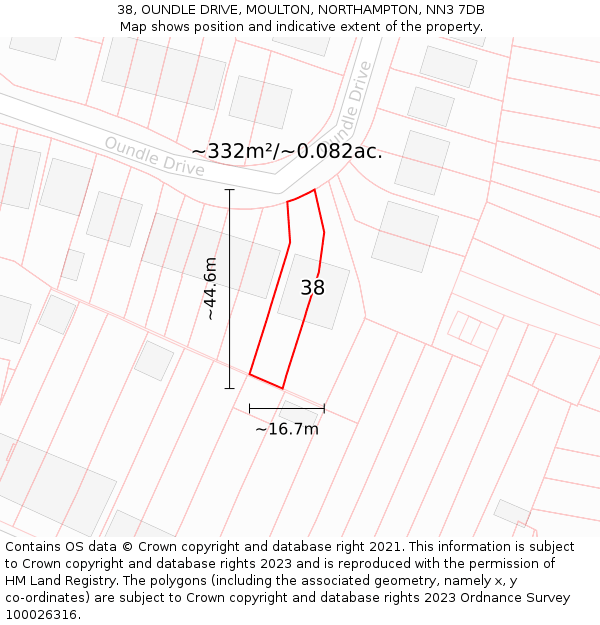 38, OUNDLE DRIVE, MOULTON, NORTHAMPTON, NN3 7DB: Plot and title map