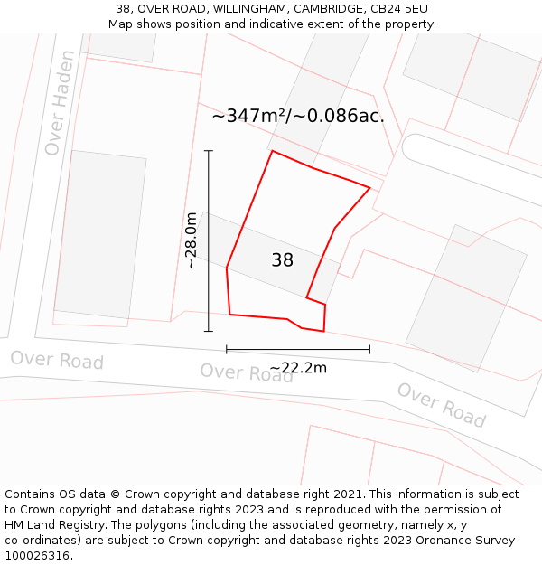 38, OVER ROAD, WILLINGHAM, CAMBRIDGE, CB24 5EU: Plot and title map