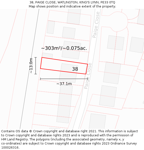 38, PAIGE CLOSE, WATLINGTON, KING'S LYNN, PE33 0TQ: Plot and title map