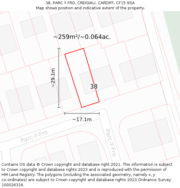 38, PARC Y FRO, CREIGIAU, CARDIFF, CF15 9SA: Plot and title map