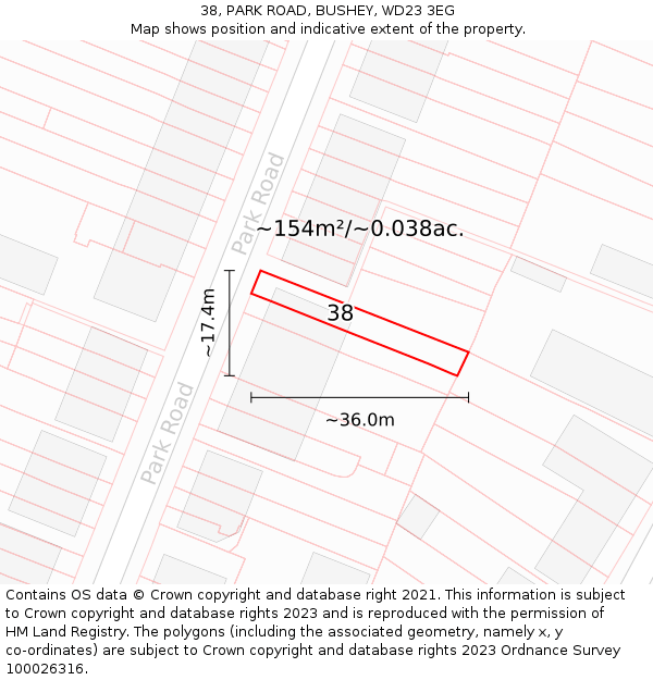 38, PARK ROAD, BUSHEY, WD23 3EG: Plot and title map