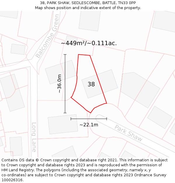 38, PARK SHAW, SEDLESCOMBE, BATTLE, TN33 0PP: Plot and title map