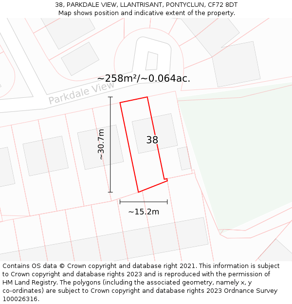 38, PARKDALE VIEW, LLANTRISANT, PONTYCLUN, CF72 8DT: Plot and title map