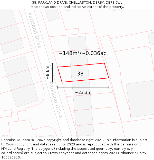 38, PARKLAND DRIVE, CHELLASTON, DERBY, DE73 6WL: Plot and title map