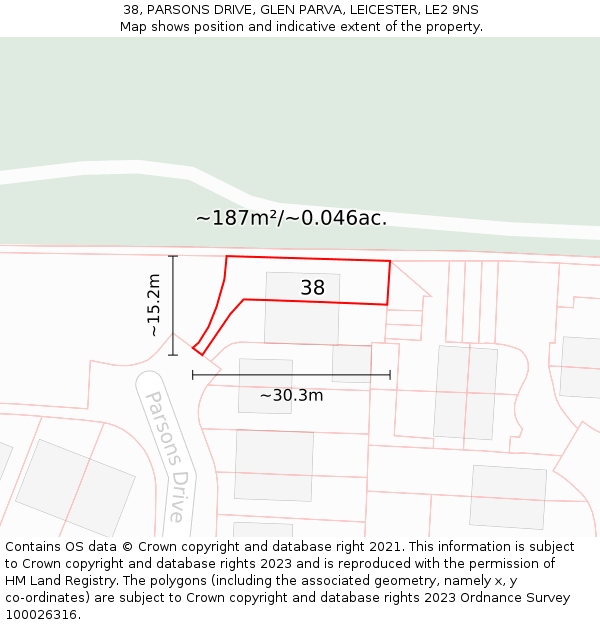 38, PARSONS DRIVE, GLEN PARVA, LEICESTER, LE2 9NS: Plot and title map