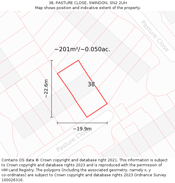 38, PASTURE CLOSE, SWINDON, SN2 2UH: Plot and title map