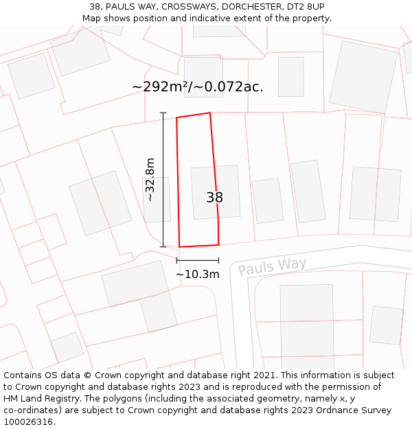 38, PAULS WAY, CROSSWAYS, DORCHESTER, DT2 8UP: Plot and title map