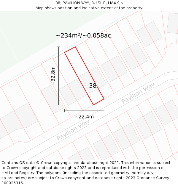 38, PAVILION WAY, RUISLIP, HA4 9JN: Plot and title map