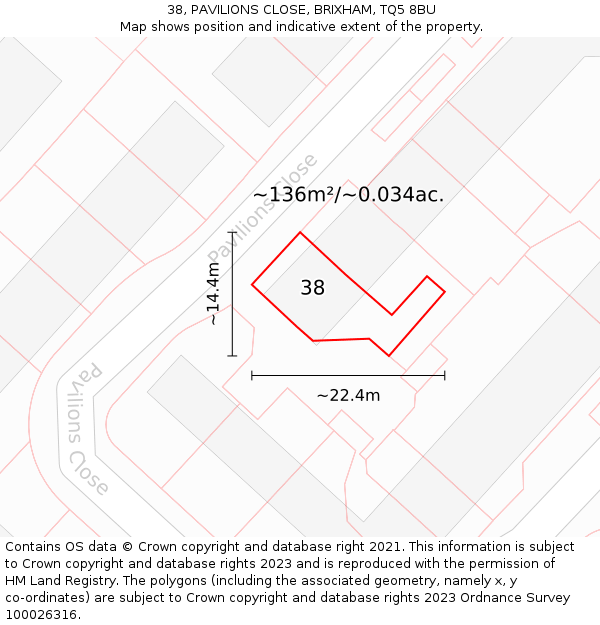 38, PAVILIONS CLOSE, BRIXHAM, TQ5 8BU: Plot and title map