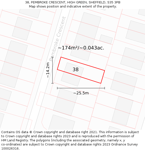 38, PEMBROKE CRESCENT, HIGH GREEN, SHEFFIELD, S35 3PB: Plot and title map