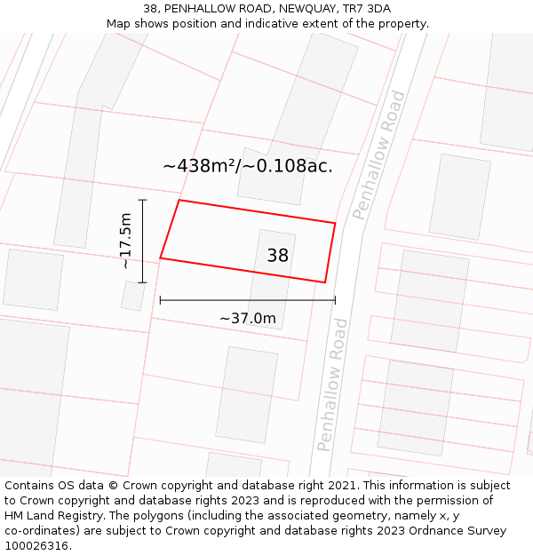 38, PENHALLOW ROAD, NEWQUAY, TR7 3DA: Plot and title map