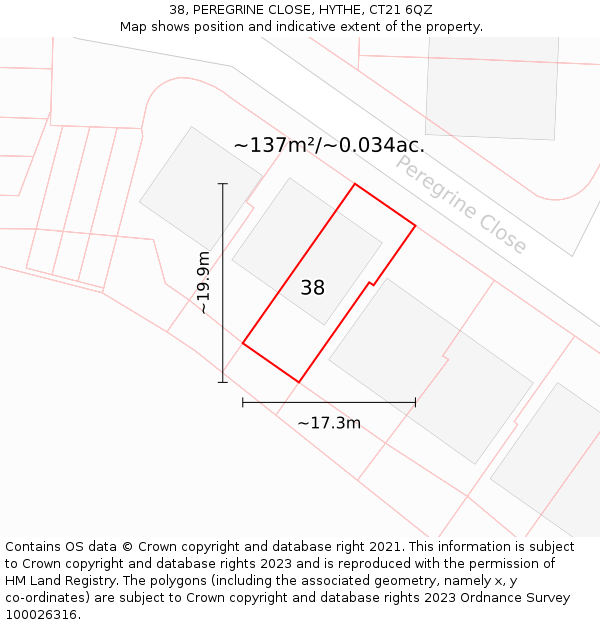 38, PEREGRINE CLOSE, HYTHE, CT21 6QZ: Plot and title map