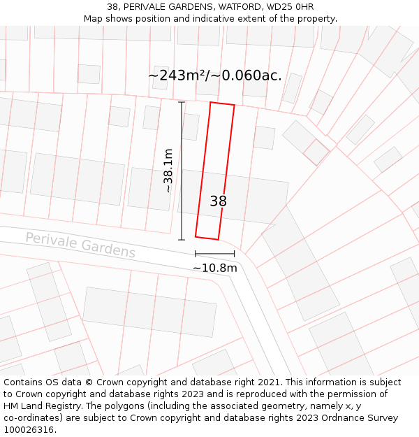 38, PERIVALE GARDENS, WATFORD, WD25 0HR: Plot and title map