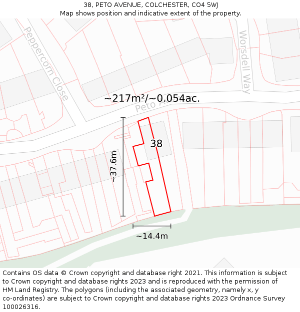 38, PETO AVENUE, COLCHESTER, CO4 5WJ: Plot and title map