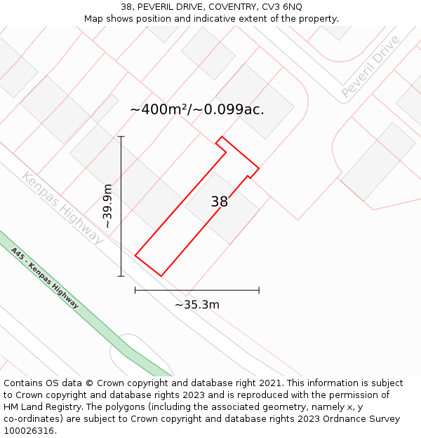 38, PEVERIL DRIVE, COVENTRY, CV3 6NQ: Plot and title map