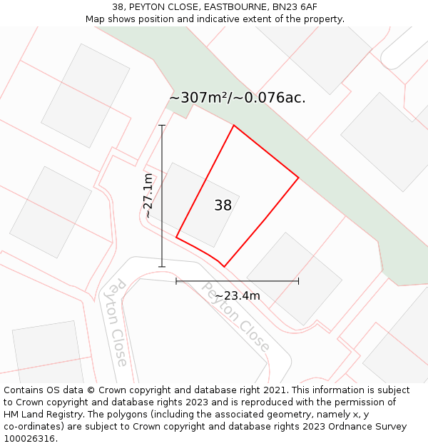 38, PEYTON CLOSE, EASTBOURNE, BN23 6AF: Plot and title map