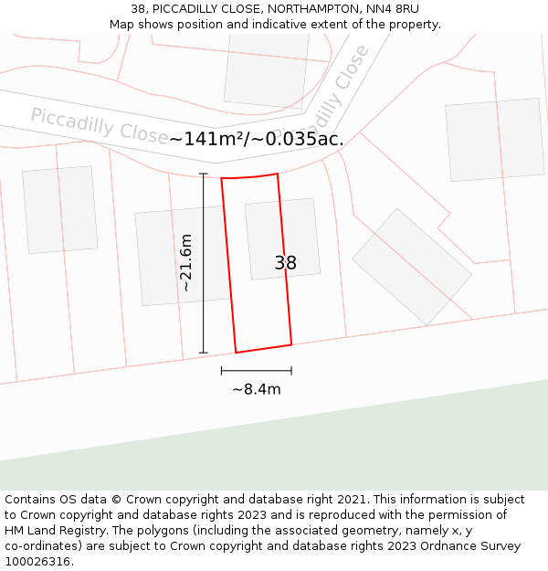38, PICCADILLY CLOSE, NORTHAMPTON, NN4 8RU: Plot and title map