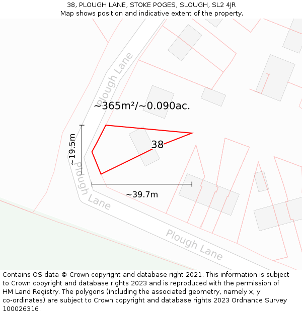 38, PLOUGH LANE, STOKE POGES, SLOUGH, SL2 4JR: Plot and title map
