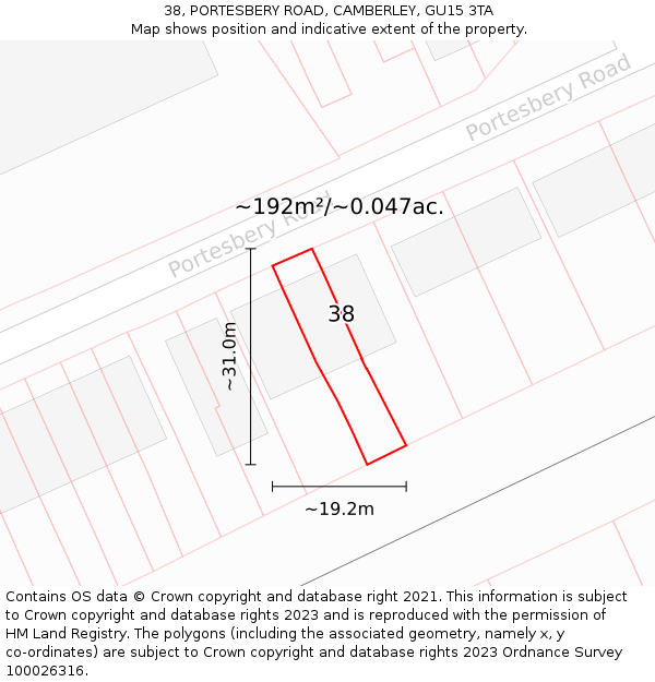 38, PORTESBERY ROAD, CAMBERLEY, GU15 3TA: Plot and title map