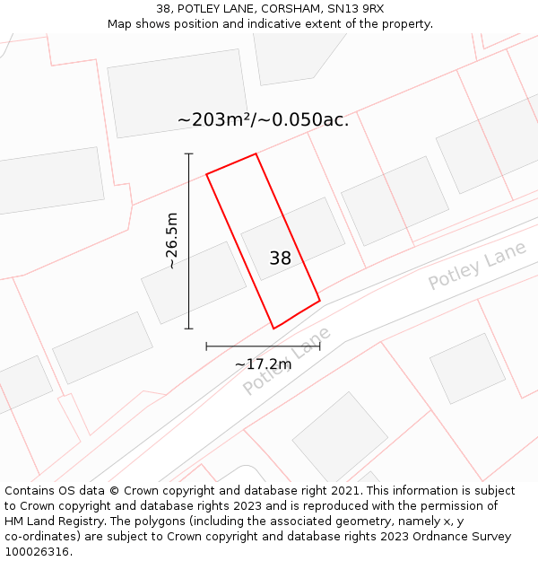 38, POTLEY LANE, CORSHAM, SN13 9RX: Plot and title map
