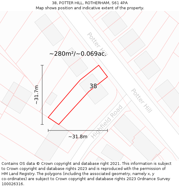 38, POTTER HILL, ROTHERHAM, S61 4PA: Plot and title map