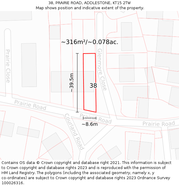 38, PRAIRIE ROAD, ADDLESTONE, KT15 2TW: Plot and title map