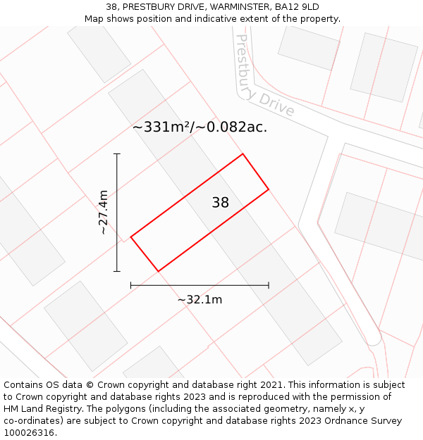 38, PRESTBURY DRIVE, WARMINSTER, BA12 9LD: Plot and title map