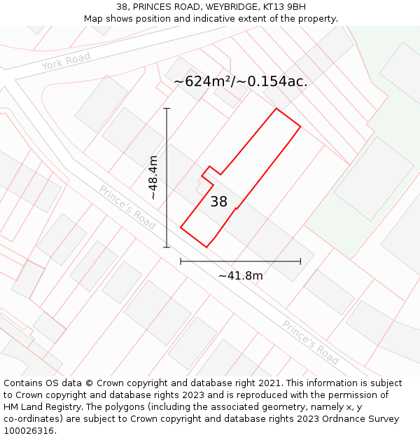 38, PRINCES ROAD, WEYBRIDGE, KT13 9BH: Plot and title map