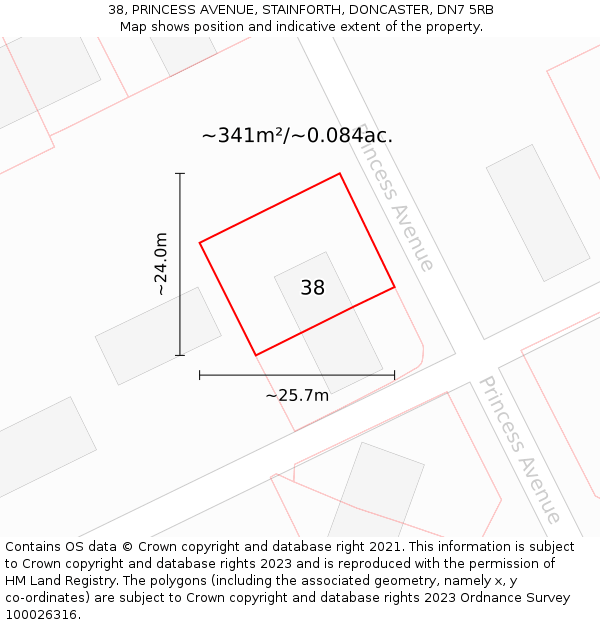 38, PRINCESS AVENUE, STAINFORTH, DONCASTER, DN7 5RB: Plot and title map