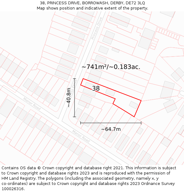 38, PRINCESS DRIVE, BORROWASH, DERBY, DE72 3LQ: Plot and title map