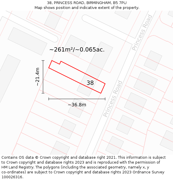 38, PRINCESS ROAD, BIRMINGHAM, B5 7PU: Plot and title map